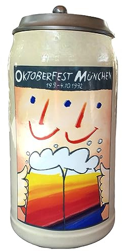 Steinfixx® - Original Oktoberfestkrug 1992 mit Zinndeckel und Zertifikat I Jahrgangskrug I Jahreskrug I Wiesnkrug I Sammlerkrug