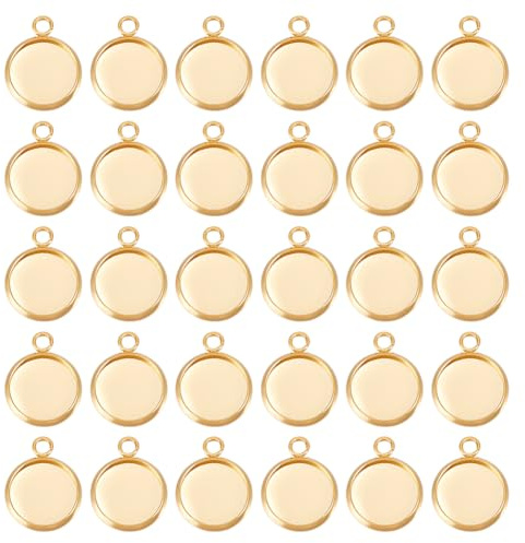 Beebeecraft 1 Box 40 Stück Flacher Runder Anhänger Aus 24 Karat Vergoldetem Messing 12 mm Leere Lünette Tablett Charms Cabochon Fassungen Mit Schlaufe Für Die Schmuckherstellung
