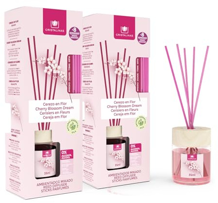 CRISTALINAS | Pack 2 Ambientador Mikado para Hogar | Fragancia Larga Duración 8 Semanas | 2x35ml | 0% Alcohol (2x35ml, Cerezo)