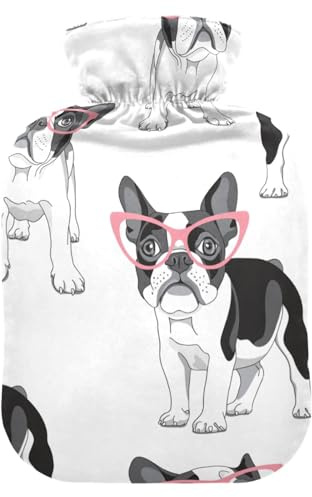 Wärmflasche und Bezug, Motiv: Französische Bulldogge mit rosa Brille, weich, warm, für Winter, Bett, Hand, Hals und Schultern, 1 l