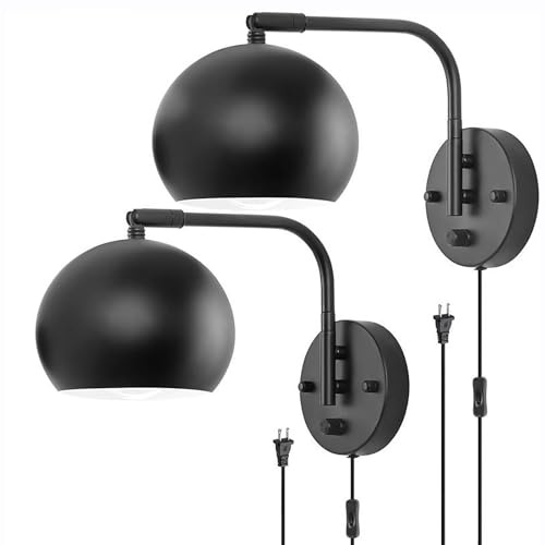 LOGT Wandlampe Dimmbar Innen E27 Wandleuchte mit Kabel und Schalter Verstellbare Schwarz Metall Bettlampe Wand-Leselampe mit Stecker Retro Industrial Lampe für Wohnzimmer, Schlafzimmer, Büro,B