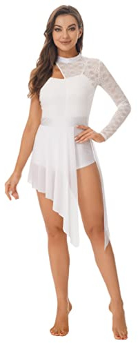 YiZYiF Damen Tanzkleid Langarm Spitze Patchwork Tanzbody Ballett Trikot Asymmetrischer Rock Eiskunstlauf Tango Latin Kleider Modern Dance Outfit Weiß_A S