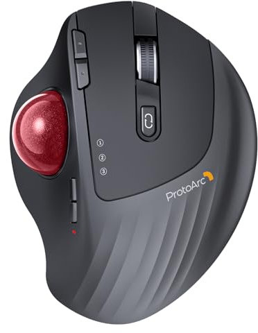 ProtoArc EM01 NL Wireless Bluetooth Trackball Mouse, 2.4G Ergonomic Rechargeable Rollerball Mouse with 3 Adjustable DPI, 3 Device Connection for PC, Mac, Windows, Red Roll
