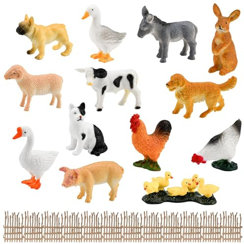 LANSKYLAN 13 PCS Figuras de Animales de Granja, Mini Figuras de Animales de Granja Realistas, Set de Figuras de Granja con 12 Vallas, Decoración para Fiesta de Cumpleaños y Navidad