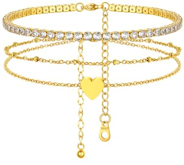 FindChic Bijoux Plage Vacance Eté Bracelet Cheville Femme Chaîne Cheville Cœur Chaîne Cheville Zircon Ensemble Deux Pièces