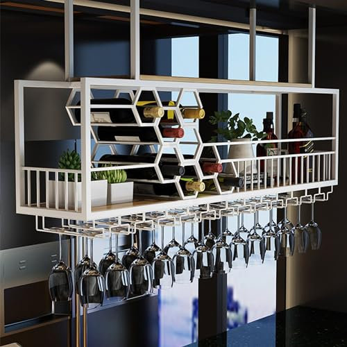 Porta Bottiglie di Vino Sospese Portabottiglie da Parete Cantinetta Vino Porta Vini Arredo Casa Portavino con Porta Calici Angolo Bar Mobile Bar per Casa Mensole Vetrina per Sala da Pranzo Bar(Color:W