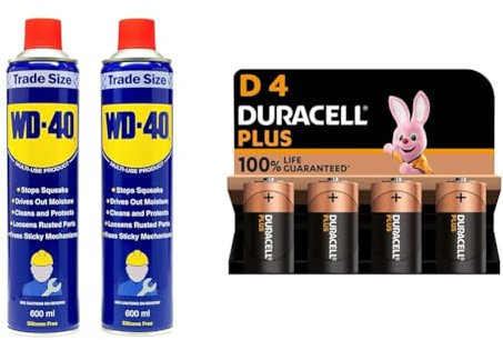 WD-40 Multi-Use Product - Twin Pack 600ml Can - The Ultimate Lubricant, Rust Protection, Penetrant & Duracell Plus D Batteries (4 Pack) - Alkaline 1.5V - 100% Life Guaranteed