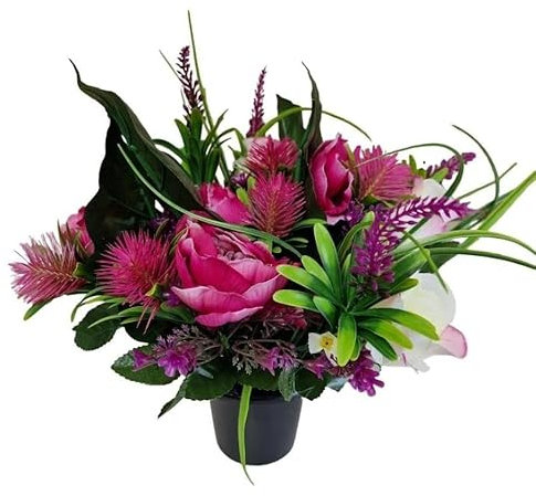 INERRA Cemetery Grave Flower Pot - Artificial Flowers With Pink Roses and Peonies