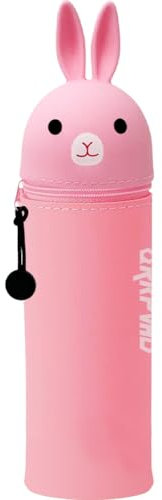 QRKPVHD 2 in 1 Weiche Silikontasche Kawaii Federmäppchen, Tischstifthalter, Reißverschluss, Stiftetasche Buntstifte Marker, Büro, Uni, niedlicher Schulbedarf, Rosa Kaninchen Tier-Stifthalter, Mädchen