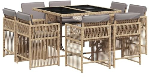 vidaXL Matgrupp för trädgården med dynor 9 delar mixbeige konstrotting