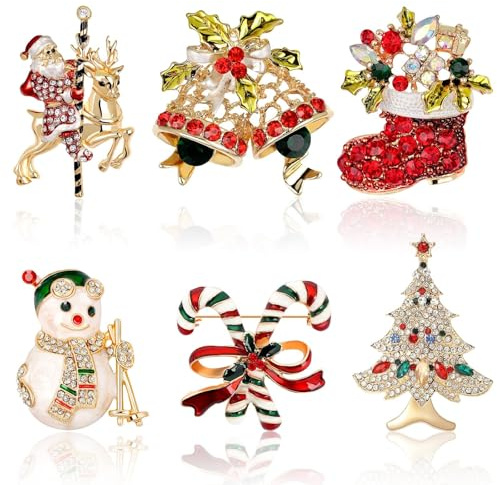 Weihnachten Brosche, 6 Stück Weihnachtsbrosche Kristalll Weihnachtsanstecker für Weihnachtsschmuck Dekoration Geschenk