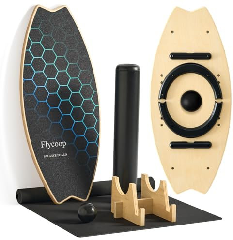 Flycoop Balance Board, Balance Board Erwachsene Balance Brett Holz Balanceboard Indoorboard Surf Skateboard Indoor Surfboard Trickboard Gleichgewichtsboard inkl. Rolle, Balance Ball, Matte, Halterung