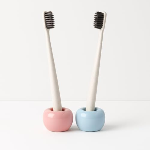 2 Ceramic Toothbrush Holders (His and Hers) - Compact Pink and Blue Designs for Bathroom Counter - Durable, Rust-Resistant, Hygienic Storage Solution - Space-Saving Freestanding Toothbrush Stand