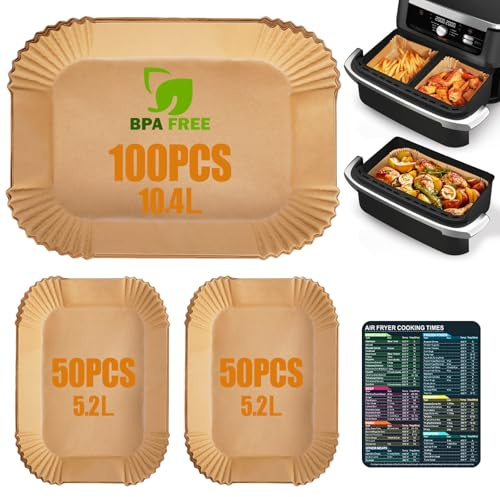 Anhow 200 ark bakpapper för varmluftsfritös, Ninja AF500EU, varmluftsfritös, fyrkantig, för 5,2–10,4 l bakpapper, kompatibelt med Ninja AF500EU Air