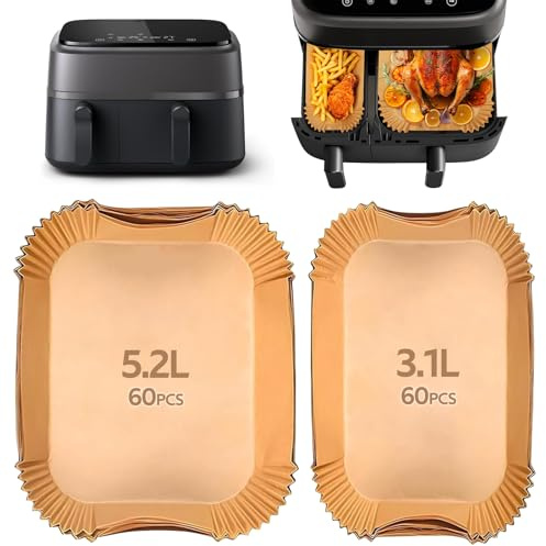 120 Pièces Papier Cuisson Air Fryer pour Moulinex EZ901820/Philips Airfryer Dual Basket 3000/5000,Food-Grade BPA Gratuit,Jetable Antiadhésive Sans Huile Papier Sulfurisé Air Fryer pour 3L-6L/3.1L-5.2L