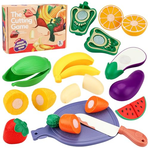 AIQI 26PCS Kinderküche Spielküche Zubehör für Kinder, Schneidbares Obst und Gemüse Küchenzubehör, Pädagogisches Geschenk und Geburtstagsgeschenk für Jungen und Mädchen ab 3 4 5 6 7 8 Jahre