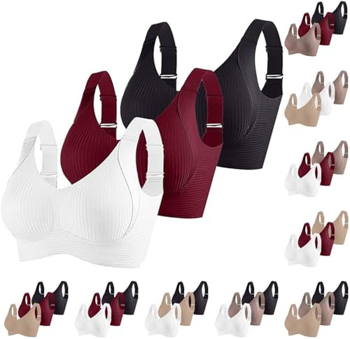 3er Pack Damen Push Up BH ohne Bügel aus Baumwolle Sexy und Bequem mit Starkem Halt für Große Brüste Verstellbarer Bra Set in Klassischem Design
