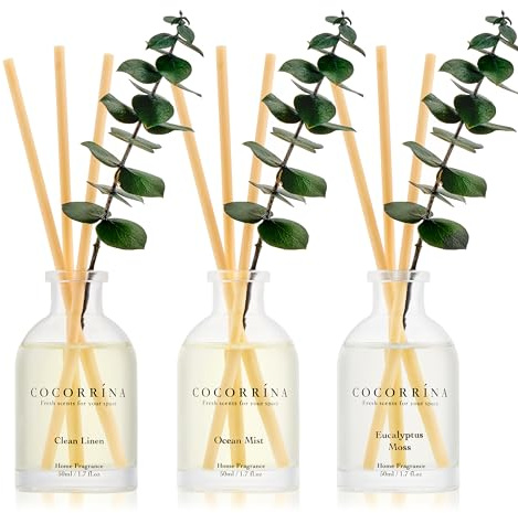 COCORRÍNA Eucalyptus Reed Diffuser Set of 3 - Eucalyptus & Moss, Clean Linen, Ocean Mist Scents, 1.7 fl oz Each, Total 5.1 oz, Scented Oil Diffusers for Home & Office