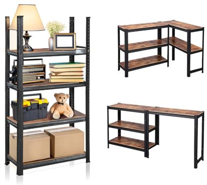 Avilia Scaffale Metallo Garage Componibile 4 Ripiani Effetto Legno – Struttura in Acciaio, Portata 400 kg, Montaggio Senza Viti, Completo di Fissaggi – Ideale per Casa e Magazzino