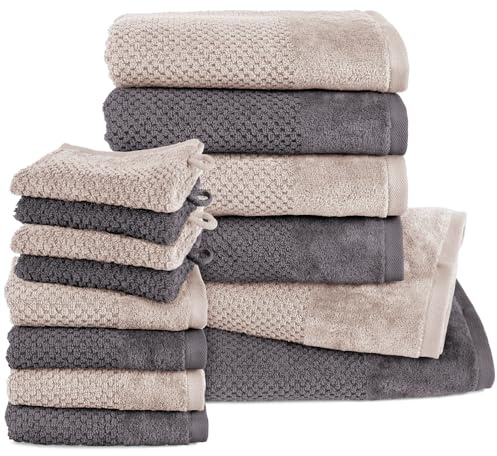 Pure Label Handtücher 14-TLG 2x70x140 4x50x100 4x30x50 4x16x21 Anth|Stein | weich, saugstark, 100% Baumwolle & OEKO-TEX, mit Schlaufe