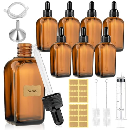 Maxumille 8 Stk Braunglas Pipettenflasche 50ml mit Spritze Trichter Bürste | Apothekerflasche mit Dropper Pipette Glas, Anti-UV Braunglasflasche, Tropfflasche für Ätherische Öl, Parfümöle, Aromatherapie