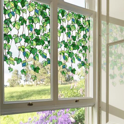 ChicSkin Original Hand Drawn Stained Glass Window Cling Haing Plants，Green Transparent Window Film for Glass Window Decor, Living Room, Kitchen, Green Grape Leaves Stickers 22.83X51.18