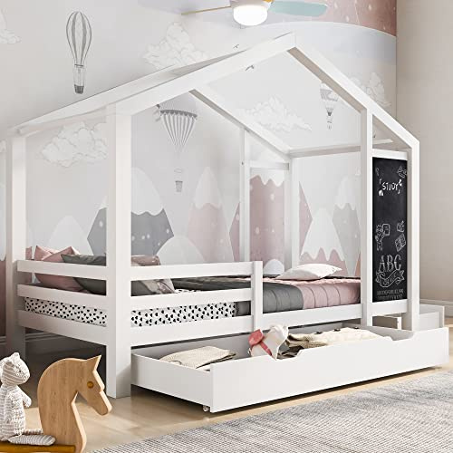 RIAZOS Kinderbett Hausbett 90 x 200 cm, Holzbett mit Tafel und 2 Schubladen, Massivholz mit Zaun und Lattenrost, Weiß (ohne Matratze)