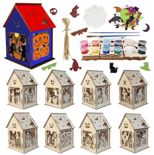 CPKONUUIP Juego de manualidades de Halloween para niños, casa, madera, construir y pintar, juego de decoración de Halloween con 12 colores, 2