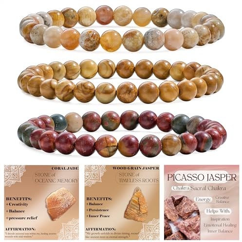 Bivei 3 Piezas 4mm pulseras piedras naturales - Jade Coral, Jaspe Madera, Jaspe Picasso - Pulsera Piedras Naturales Mujer Hecha a Mano para Yoga, Meditación y Regalos de Protección