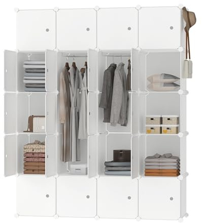 XMTECH DIY Regalsystem Kleiderschrank mit Tür Steckregal Kleiderschrank Garderobenschrank Schuhregal aus Kunststoff, Weiß (20 Boxen mit Haken)