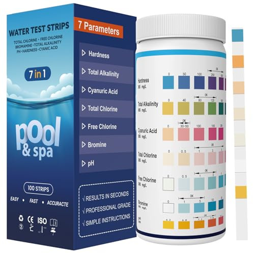 7 en 1 Bandelette Piscine, Languette Piscine, Testeur Piscine, Bande Test Piscine, Test TAC pour Piscine : pH, Chlore Libre, Chlore Total, Brome, Dureté Totale, Alcalinité Totale, Acide Cyanurique CYA