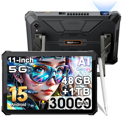 Blackview Active 12 Pro (48GB+1TB) 5G Rugged Tablet Android 15, con Proiettore, 30000mAh Robusto Tablet 11 Pollice FHD+, 400lm Luce da campeggio, 108MP+50MP, 2*2W Altoparlanti, IP68,4G,OTG,GPS,NFC,FM