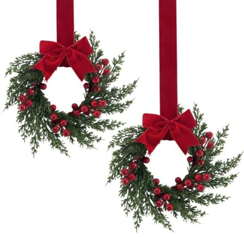 2pcs 26cm Small Wreath for Cabinets Kitchen, Mini Christmas Wreath with Bows, Artificial Greenery Christmas Wreaths for Wall Window Front Door Wedding Decor