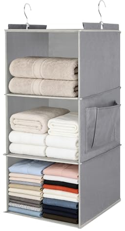 Cozary Hängeorganizer Kleiderschrank Organizer mit 3 Fächern, Grau Hängeregal mit Metallhaken, Hängeorganizer Schrank, Faltbare hänge Regal Stoff, für Kleiderschränke, Grau