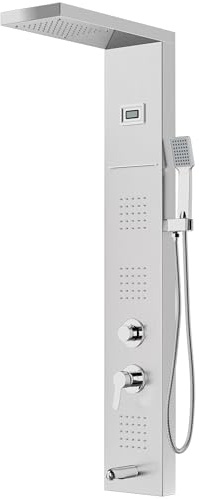Colonne de Douche Hydromassante STANEW,Affichage LED la Température,Robinet 5 Fonctions,Pluie, Cascade,Massage, Bec de Baignoire et Pomme de Douche avec Tuyau,Acier Inoxydable Brossé 1100 mm