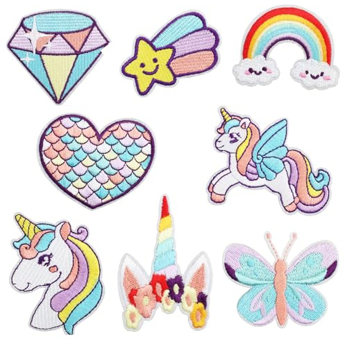 ZOMKIFA 8 Stück Einhorn Bügelbilder Kinder, Bestickte Bügelflicken mit Regenbogen Herz Schmetterling, Aufbügeln auf Textilien Kleidung Rucksack, DIY Bastel Zubehör für Mädchen