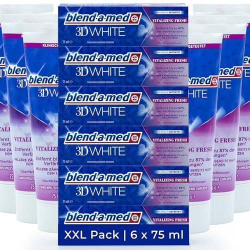 6x Blend-a-med 3D White Vitalizing Fresh 75ml XL Pack, 3in1, Zahnschmelz schonende Zahncreme, Anti Verfärbungen