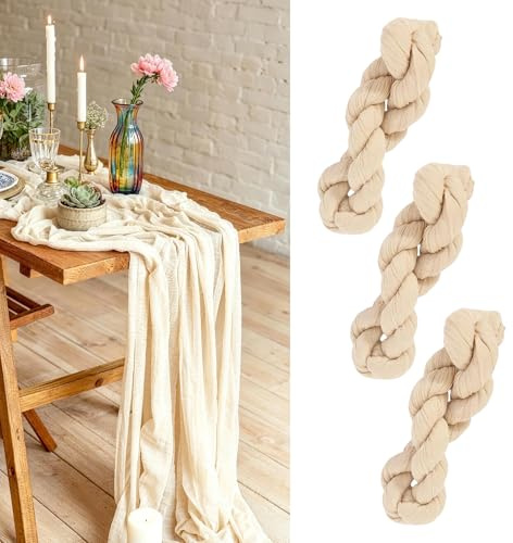 3 Stück Käsetuch Tischläufer Beige, 90 x 300cm Tischläufer Boho Rustikale Table Runner Musselin Tischdecke für Hochzeit Dekoration Geburtstag Party Tischdekoration