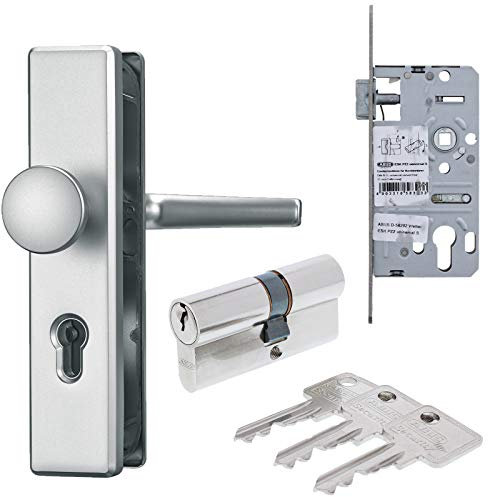 ABUS Türbeschlag Set aus Schutz-Wechselgarnitur DR/KN silber Einsteckschloss Türzylinder A93 30/35 mm inkl. 3 Schlüssel als Grundausstattung für Wohnungseingangstür