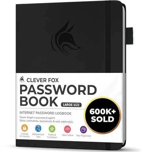 Clever Fox Passwortbuch mit Registerkarten, Großes, Schwarz | Adress- und Passwort-Organisationsbuch mit alphabetischen Registerkarten - Passwortbuch für Computer- und Website-Logins