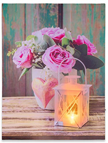 Nexos Trading LED Wandbild mit Beleuchtung Fotodruck Love 30 x 40 cm Kunstdruck Leuchtbild Rose Lampe Vintage-Stil Shabby Chic Hütte Leinwandbild Bauernhaus mit Timer