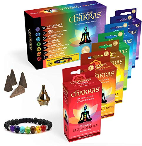 7 Chakras Natural Meditation Incense Cones Gift Set - Variety of 7 Aromas - with Bracelet & Golden Burner - 140x 30 Minute Cones - Perfect for Reiki, Yoga, Healing & Aromatherapy