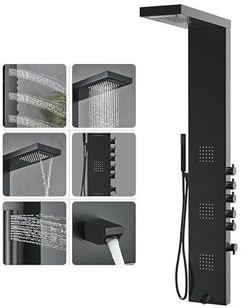 LEDMyplace 55 inch Matte Black 3-Jet Shower Panel System with Handheld Shower & Tub Spout, Fixed Rainfall and Waterfall Shower Head, Brass & Stainless Steel, Self-Cleaning & Jet Massage Feature