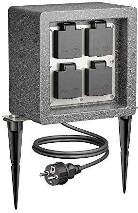 ledscom.de Garten Steckdosensäule Pock mit Erdspieß für außen, IP44, 4-Fach, anthrazit (Stein-Optik), quadratisch, 20cm