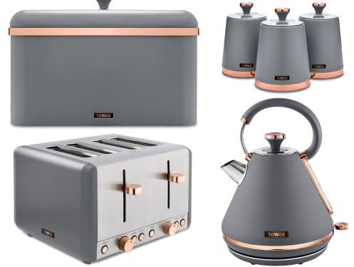 RKW Tower Cavaletto Pyramid Kettle, 4-Slice Toaster, Bread Bin & Set of 3 Canisters in Grey & Rose Gold. Matching Kitchen Set