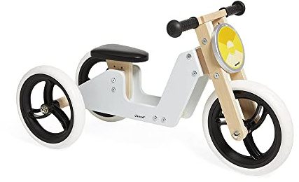 Janod - 2-in-1 Laufrad +Dreirad aus Holz- Verstellbarer Sitz und Ergonomische Griffe - Retro-Vintage-Look - Balance und Selbstständigkeit - Grau - ab 18 Monate, J03280