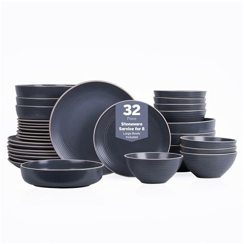 Stone Lain Lauren Stoneware, Rustic Plates and Bowls Set, Dinnerware, Service for 8, Speckled Charcoal, Dishwasher & Microwave Safe, 32-Piece