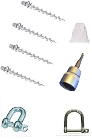 4 X ALU ZELTHERING mit einem WURMSCHRAUBEN Gewinde mit 24 mm NUSSADAPTER + 4 x STAHLSCHÄKEL 16 mm Ø + 4 x Edelstahl Schäkel, 24mm breit Rostfrei