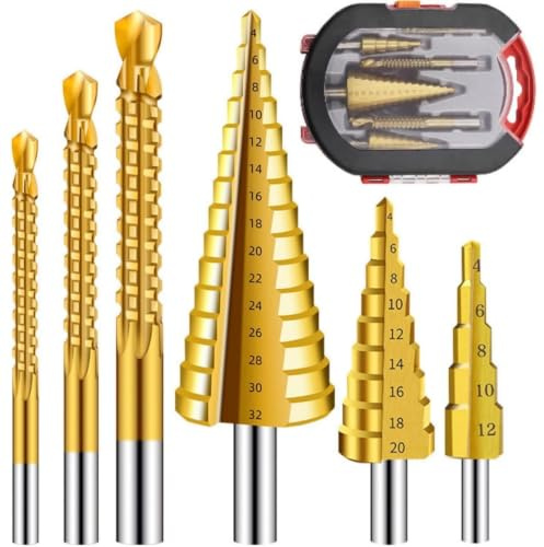 6PCS HSS Drill Bit Set with Case, Titanium Coated 3 Sizes of Step and Twist Drill Bits for Metalworking, Woodworking, Hole Drilling