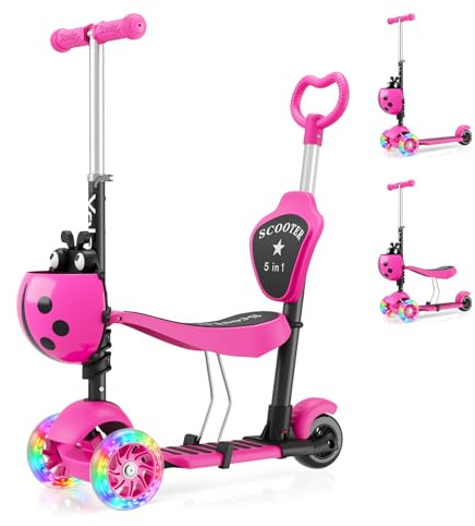 YOLEO 5-in-1 Children's Scooter with Removable Cartoon Basket, Seat, Push Bar, LED, Large Wheels, Comfortable Backrest, Height-Adjustable Handlebar for Toddlers, Boys and Girls from 2 Years, pink